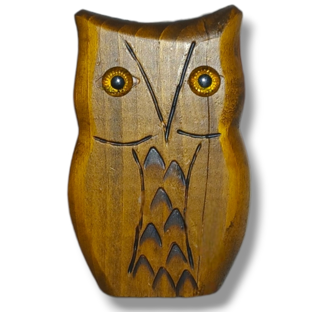 Pre-loved Vintage Hand-carved Mid-Century Owl Photo Holder, Signed RCG